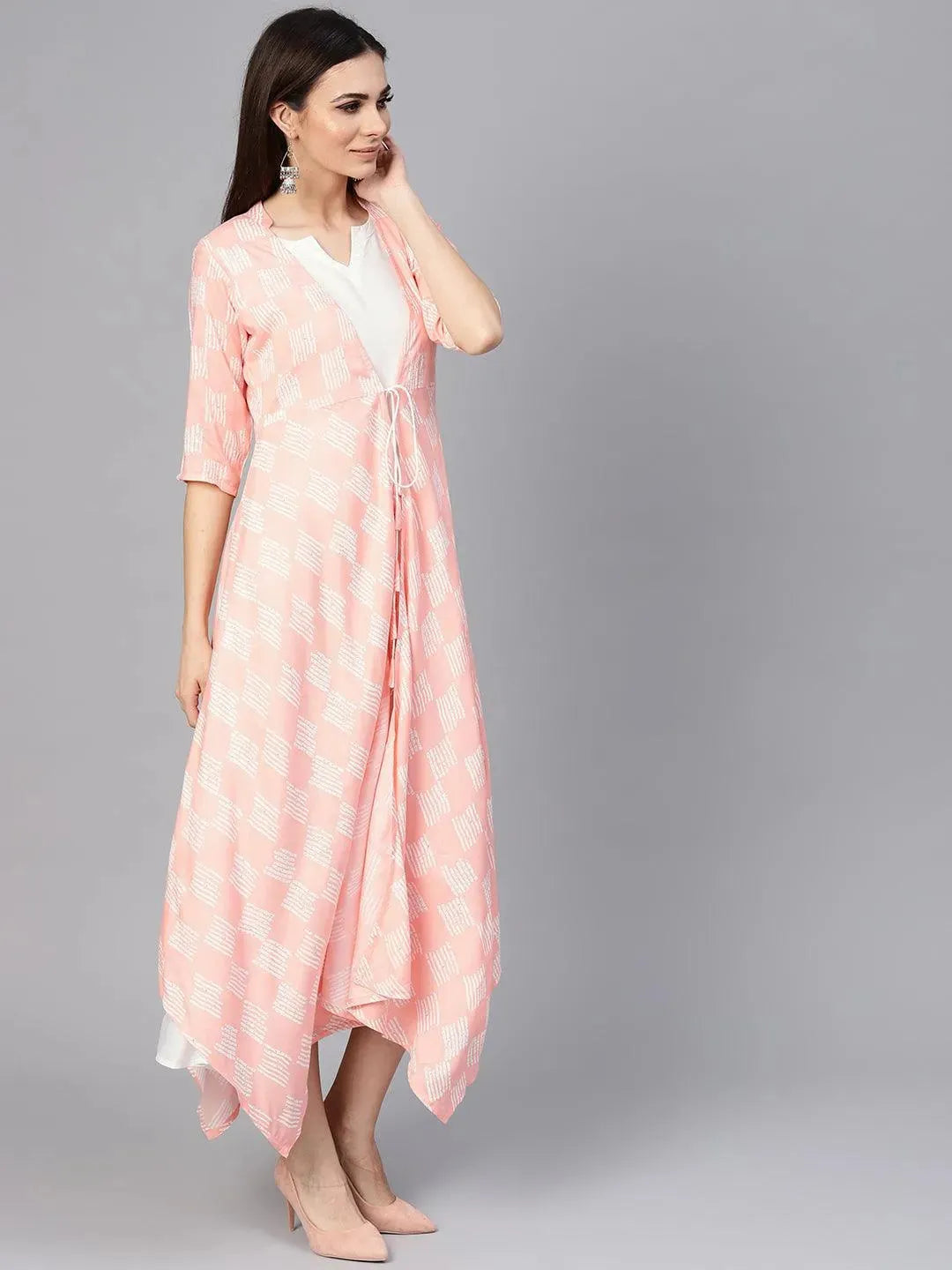 Pink Printed Rayon Dress With Jacket - Libas 