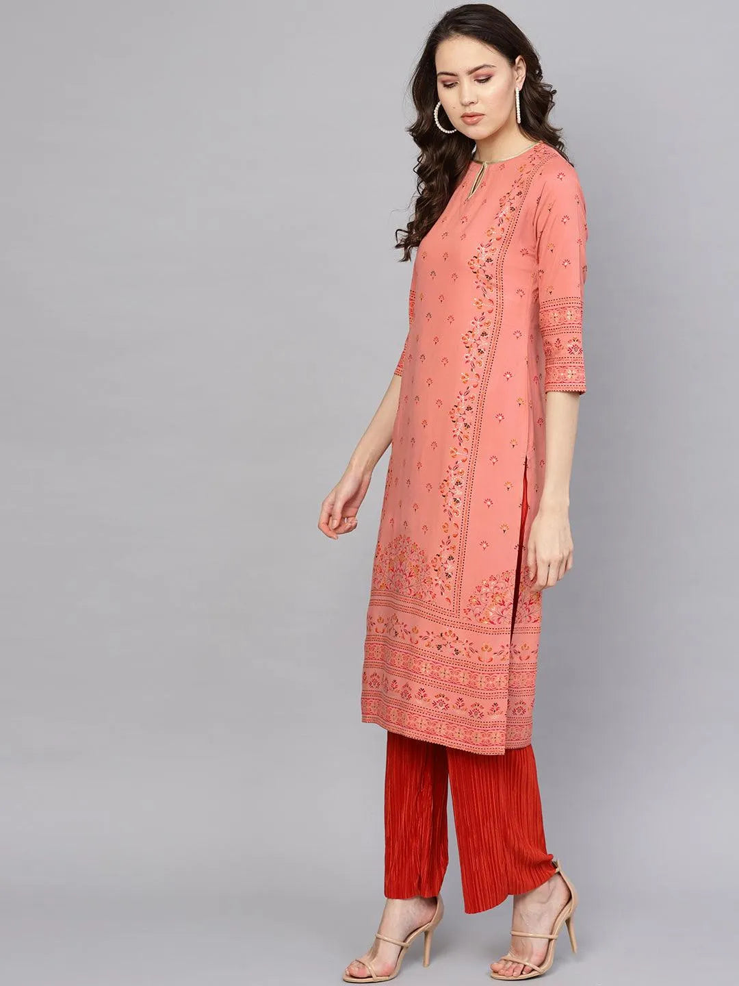 Pink Printed Rayon Kurta - Libas