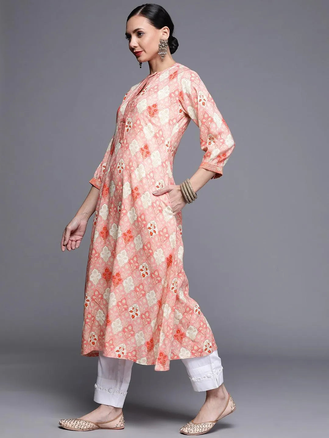 Pink Printed Rayon Kurta - Libas