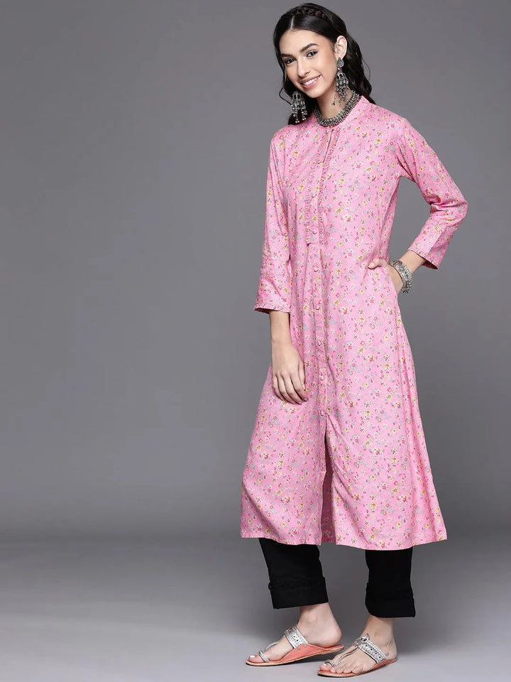 Pink Printed Rayon Kurta - Libas