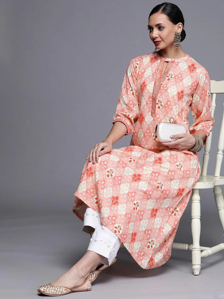 Pink Printed Rayon Kurta - Libas