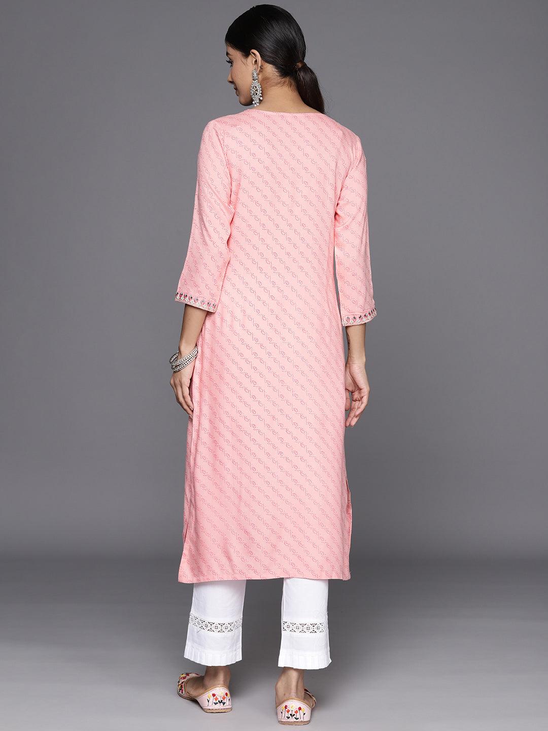 Pink Printed Rayon Straight Kurta - Libas