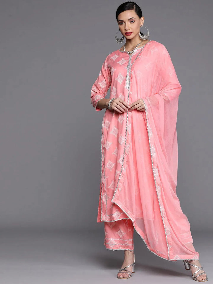 Pink Printed Viscose Rayon Suit Set - Libas