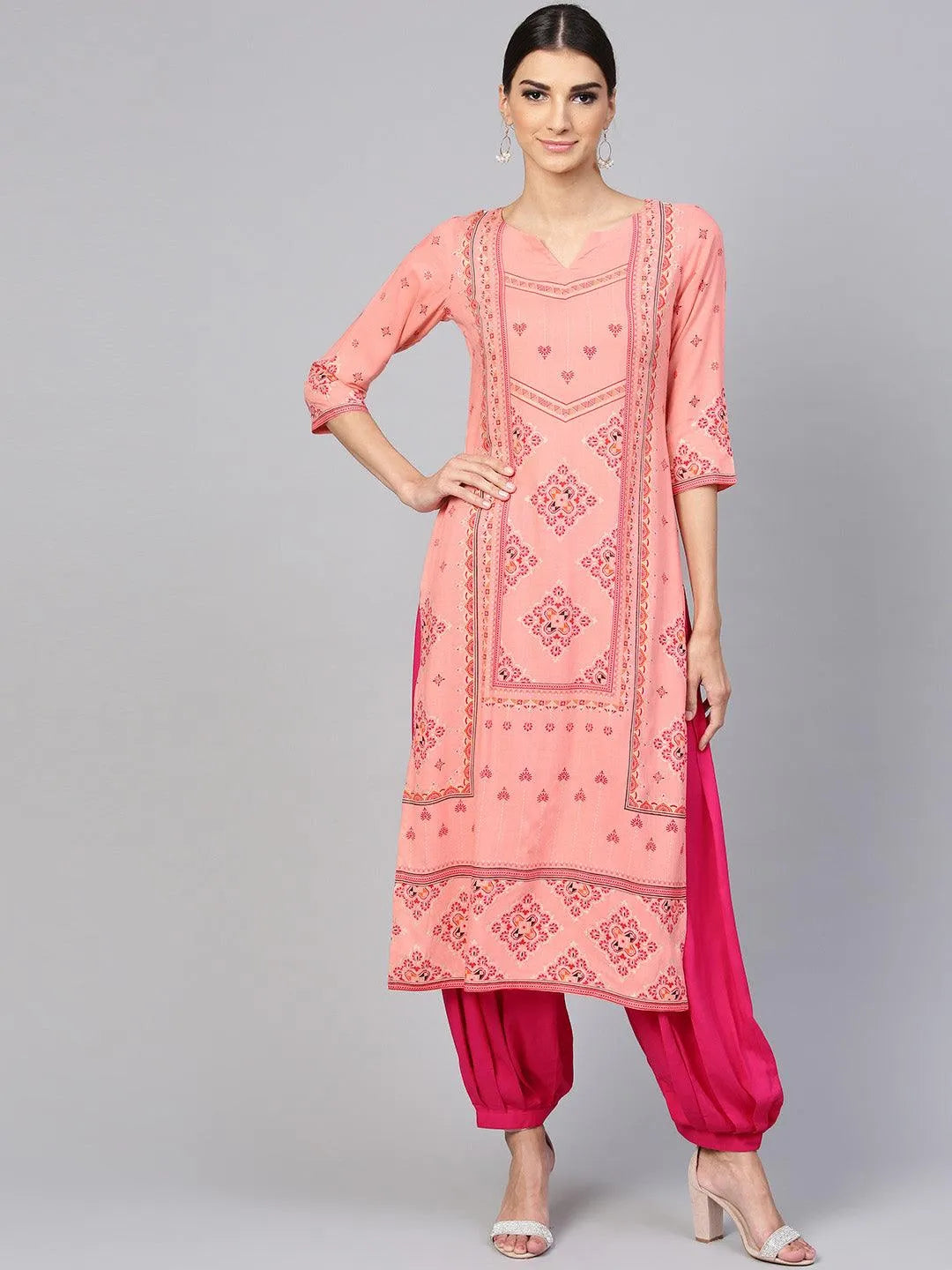 Pink Printed Rayon Kurta Set - Libas