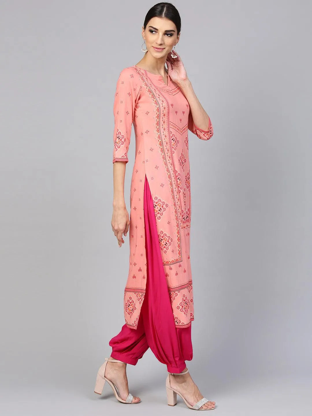 Pink Printed Rayon Kurta Set - Libas