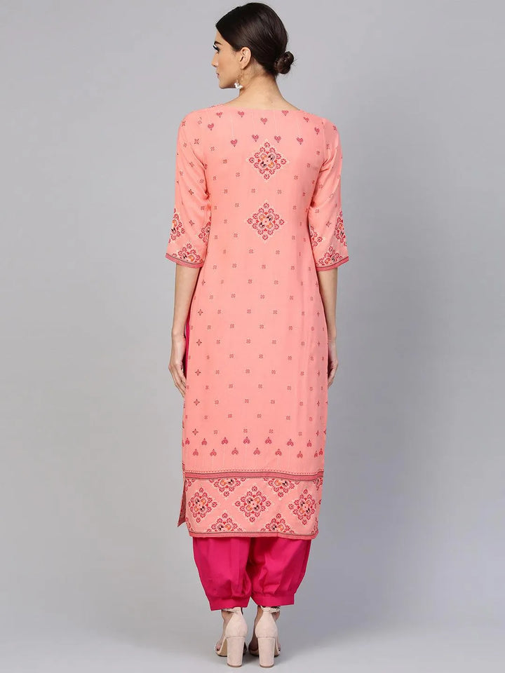 Pink Printed Rayon Kurta Set - Libas