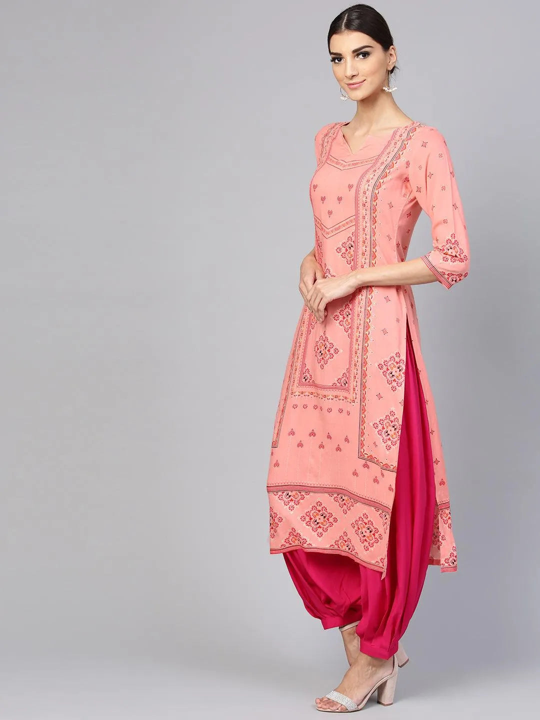 Pink Printed Rayon Kurta Set - Libas