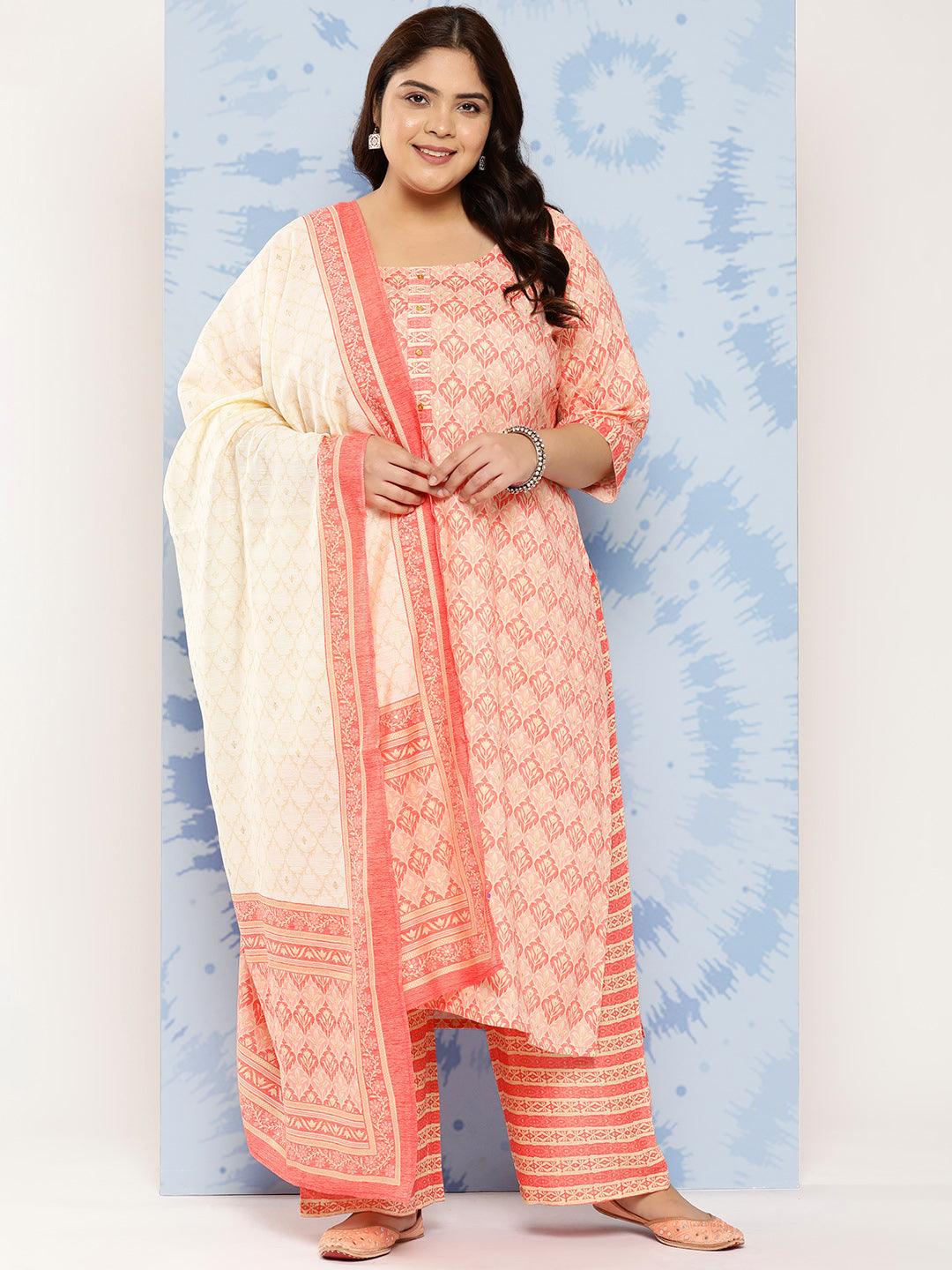 Pink Printed Rayon Straight Kurta With Trousers and Dupatta - Libas