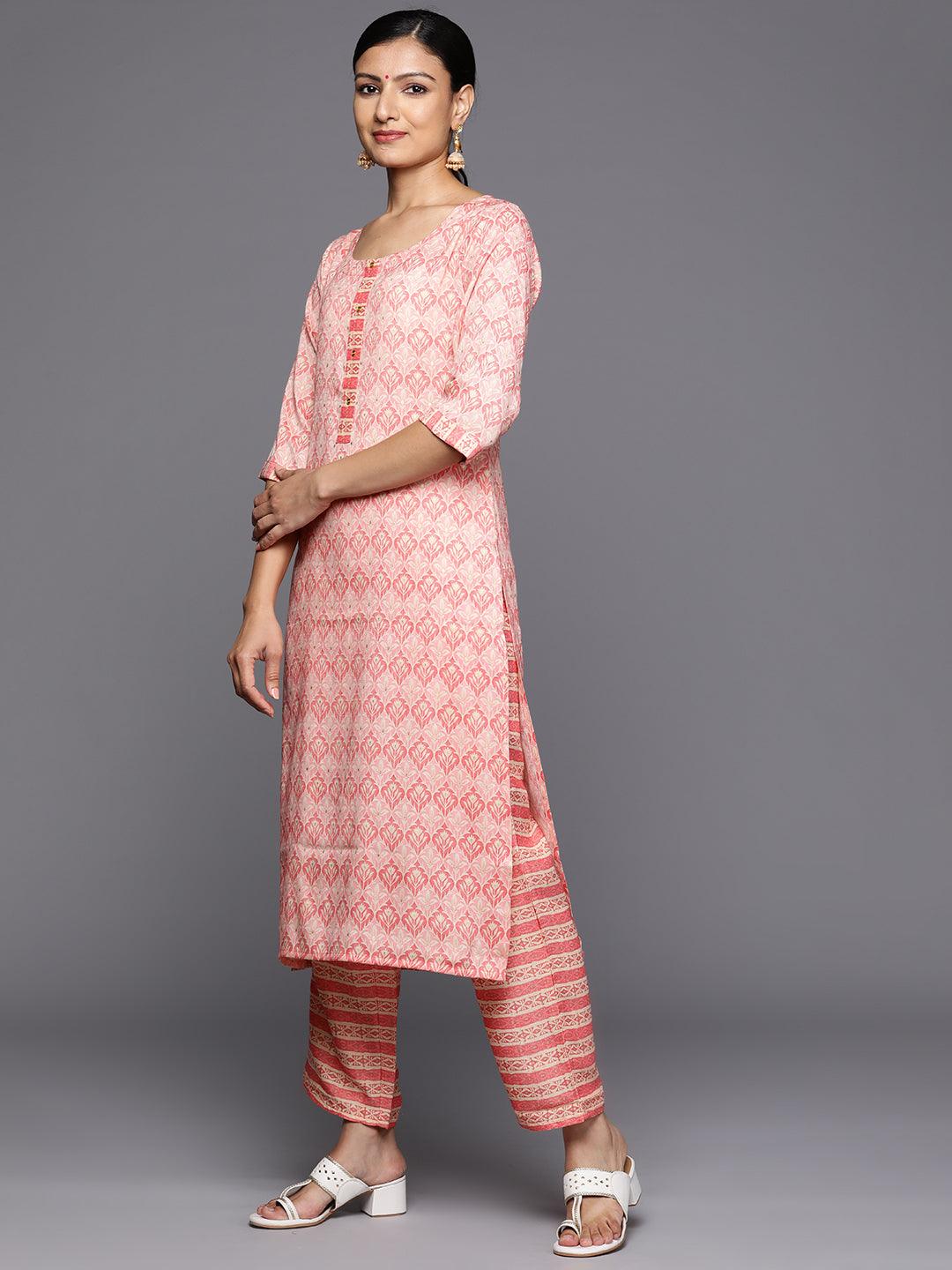 Pink Printed Rayon Straight Kurta With Trousers & Dupatta - Libas