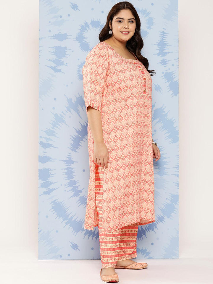 Pink Printed Rayon Straight Kurta With Trousers and Dupatta - Libas