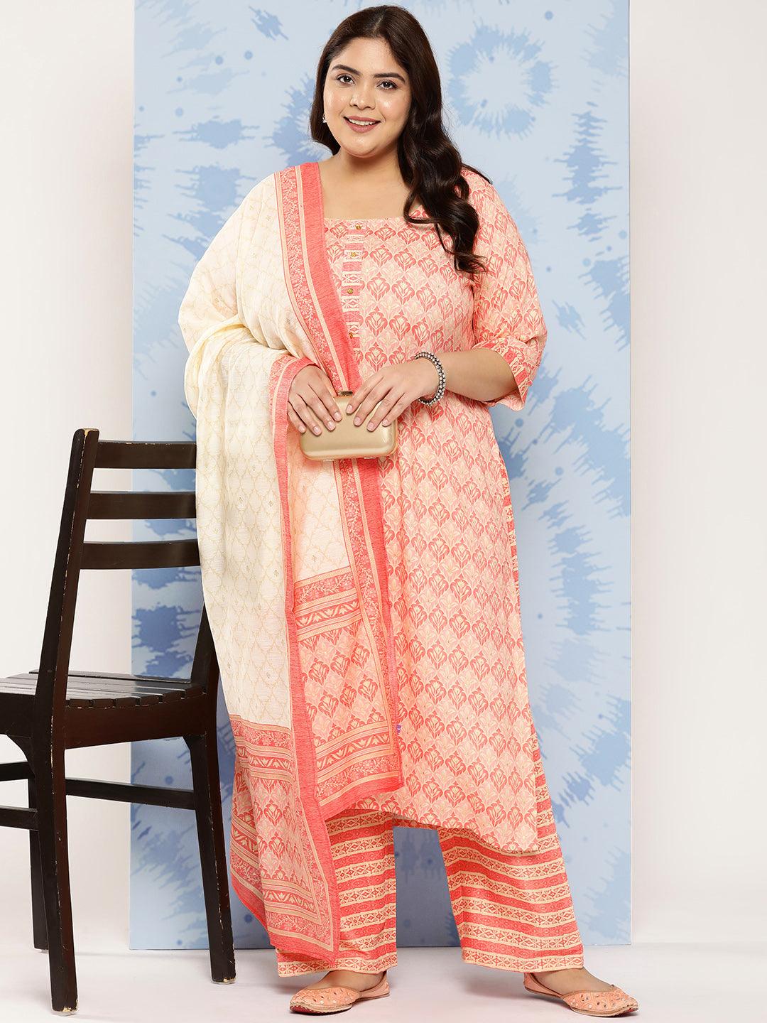 Pink Printed Rayon Straight Kurta With Trousers and Dupatta - Libas