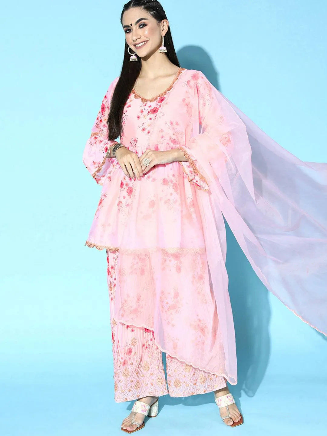 Pink Printed Satin Anarkali Suit Set - Libas 