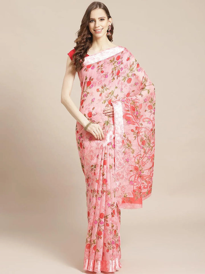 Pink Printed Satin Saree - Libas