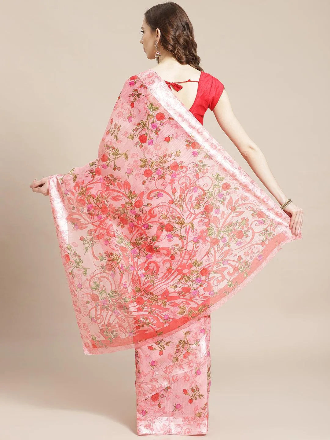 Pink Printed Satin Saree - Libas 