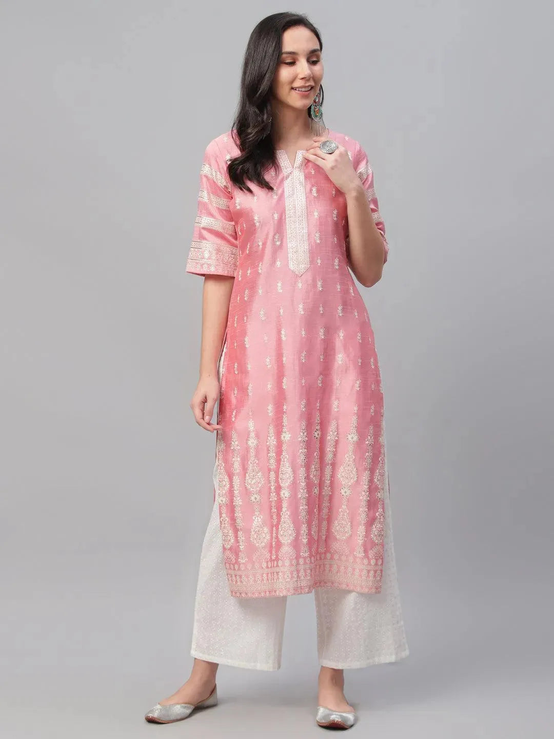 Pink Printed Shantoon Kurta - Libas