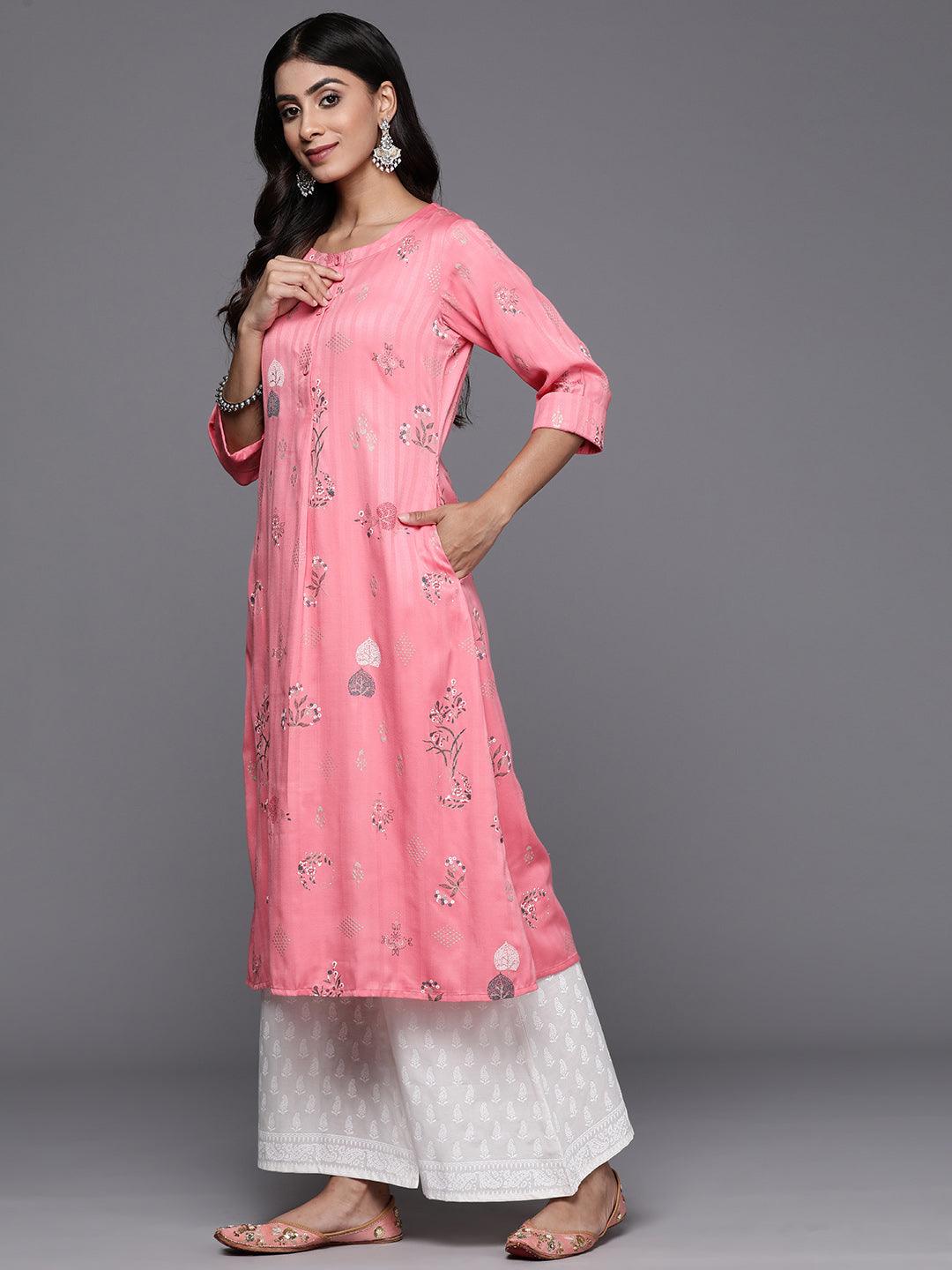 Pink Printed Silk A-Line Kurta - Libas 