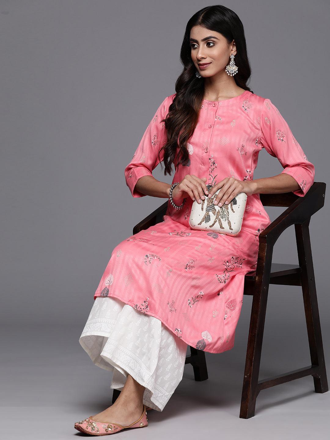 Pink Printed Silk A-Line Kurta - Libas 