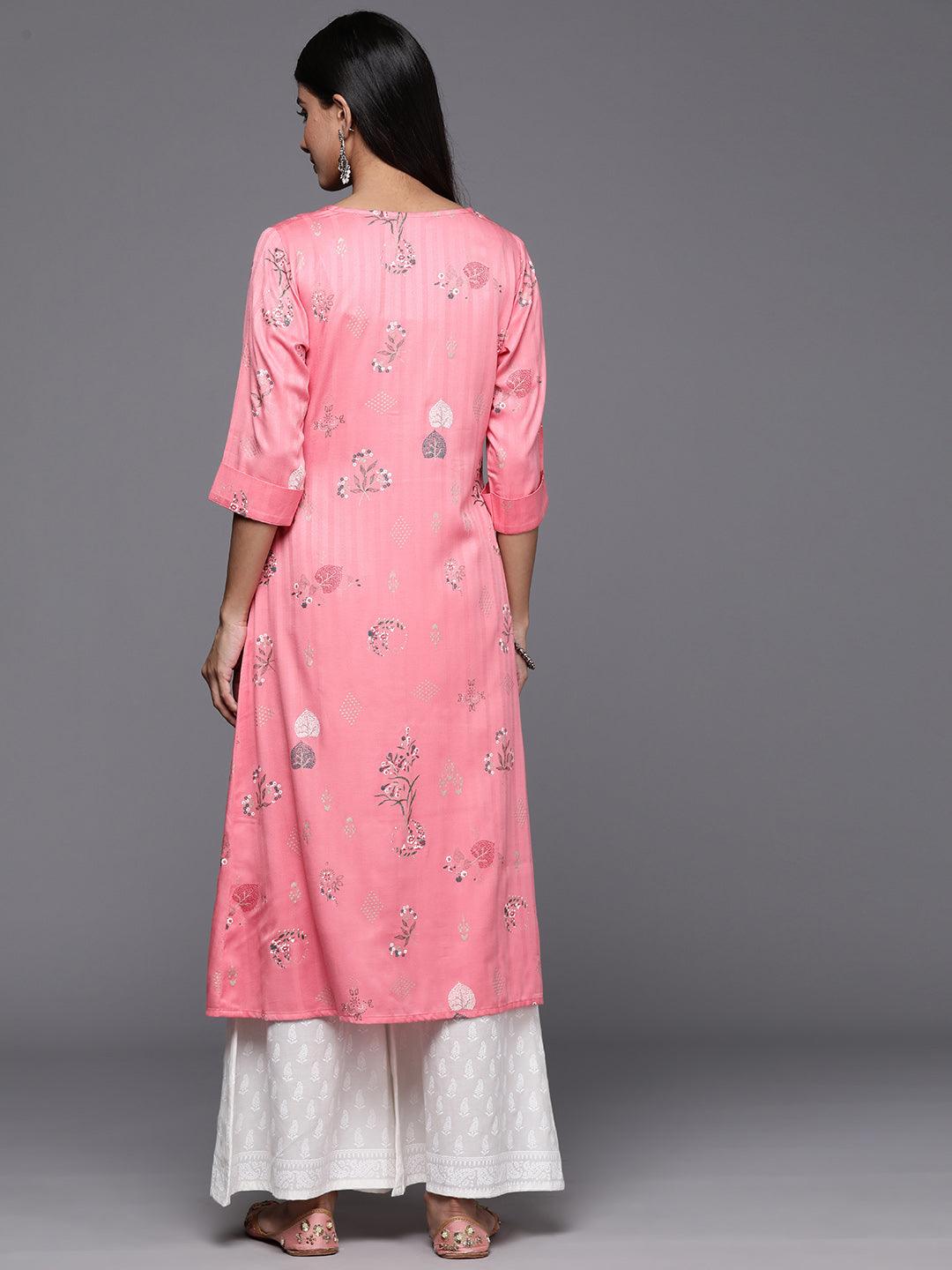 Pink Printed Silk A-Line Kurta - Libas 