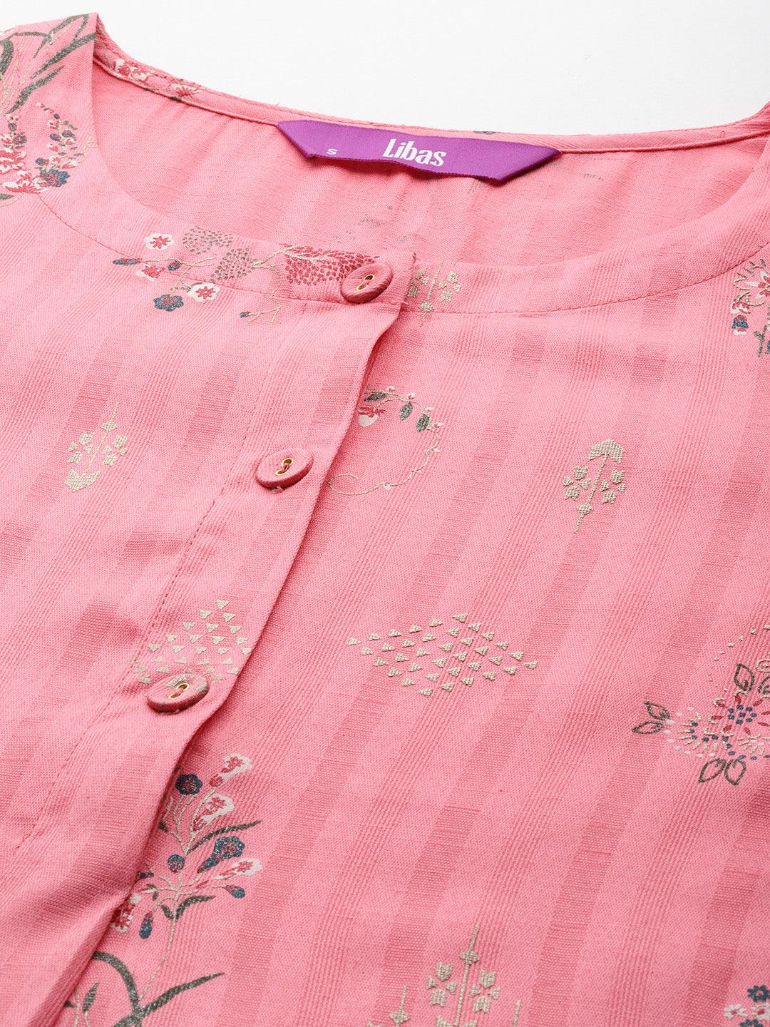 Pink Printed Silk A-Line Kurta - Libas 