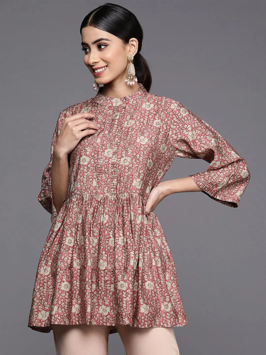 Pink Printed Silk Blend A-Line Kurti - Libas