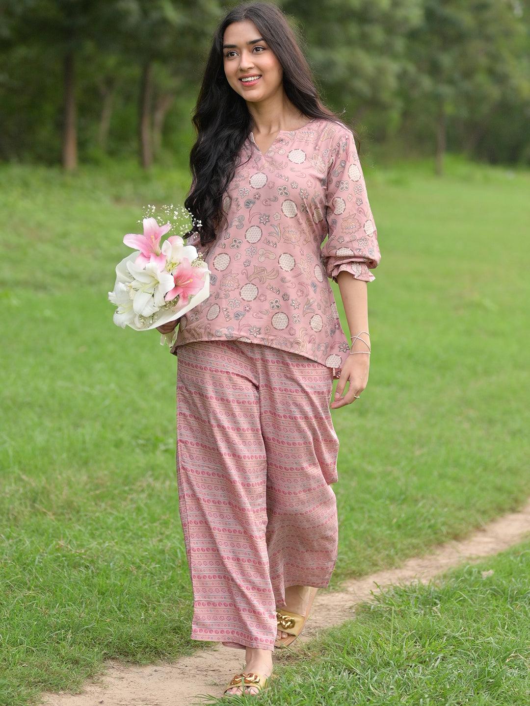 Pink Printed Silk Blend Co-Ords - Libas