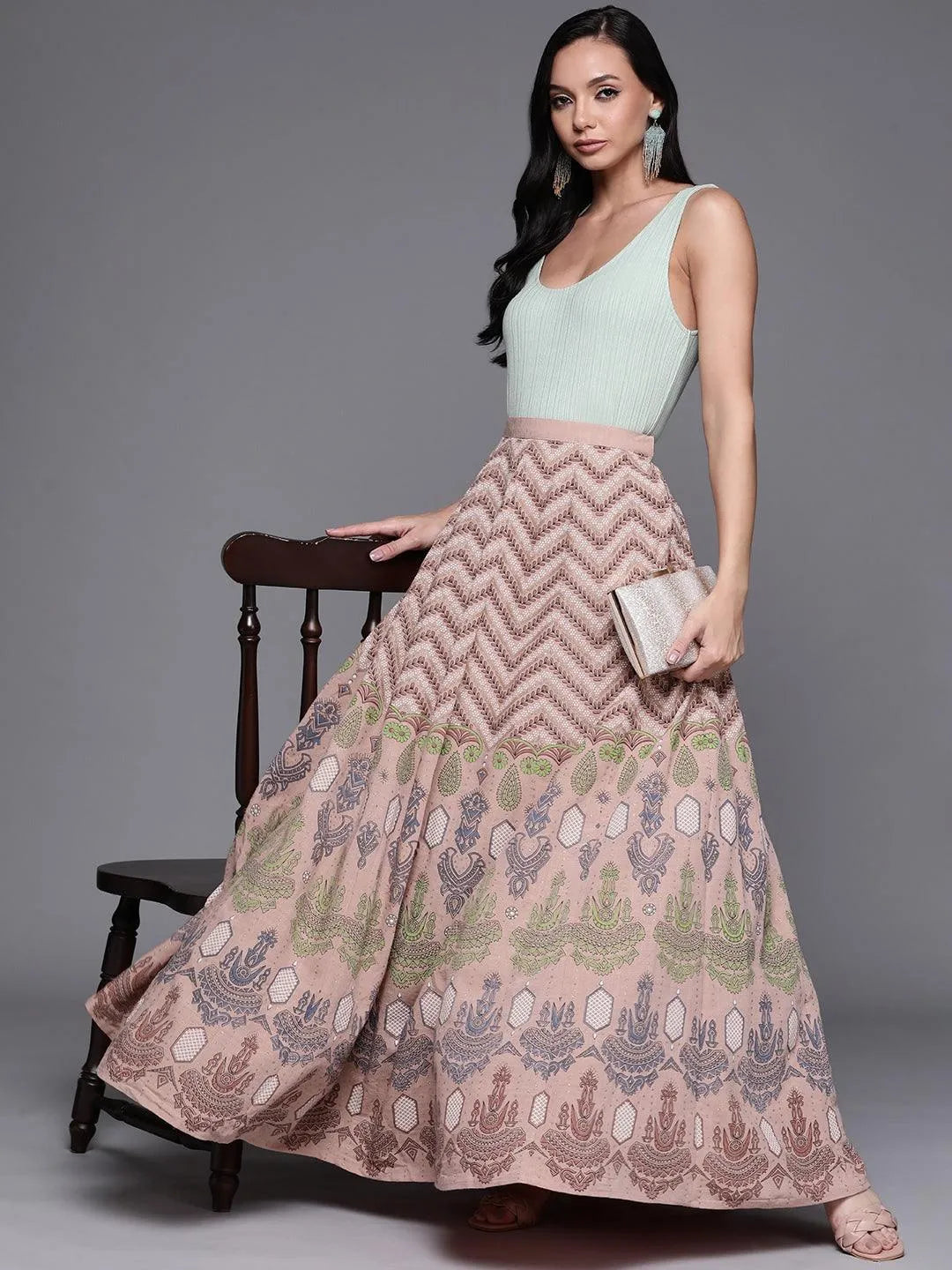 Pink Printed Silk Blend Flared Skirt - Libas 