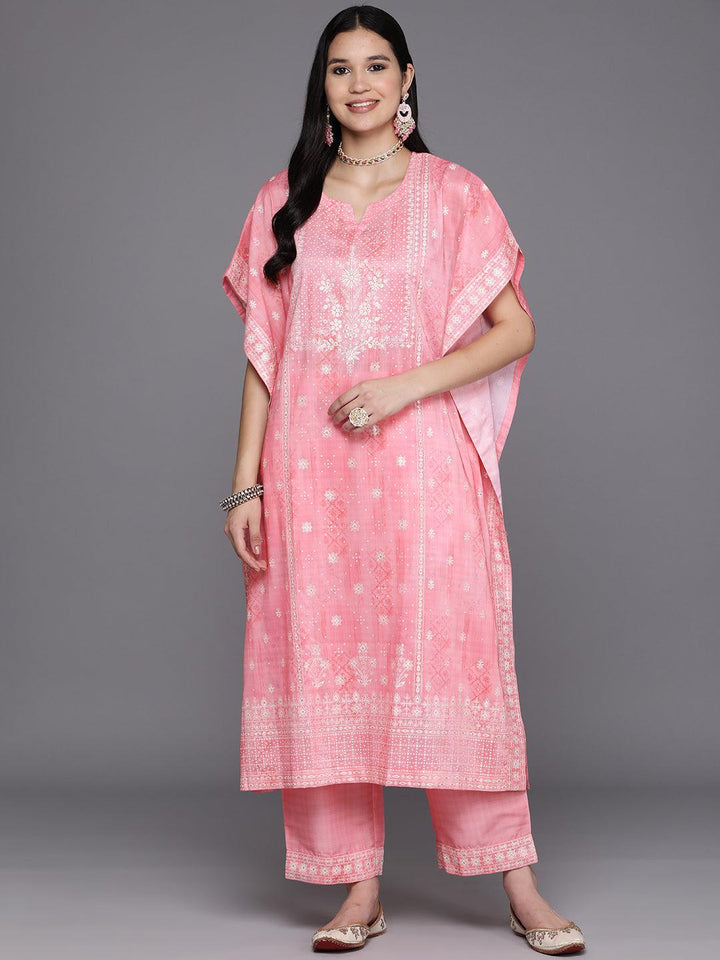 Pink Printed Silk Blend Kaftan Kurta Set With Trousers - Libas