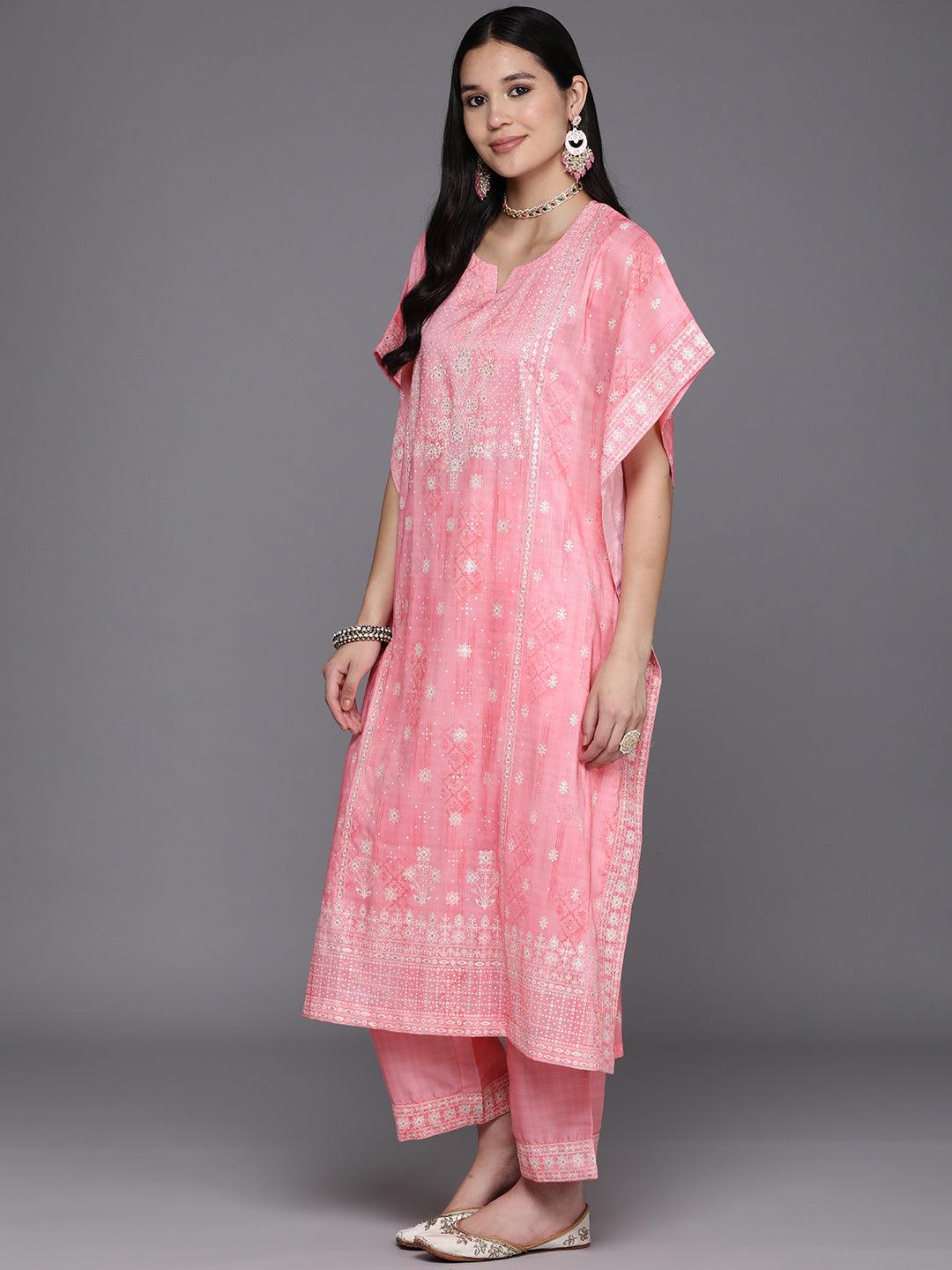 Pink Printed Silk Blend Kaftan Kurta Set With Trousers - Libas 