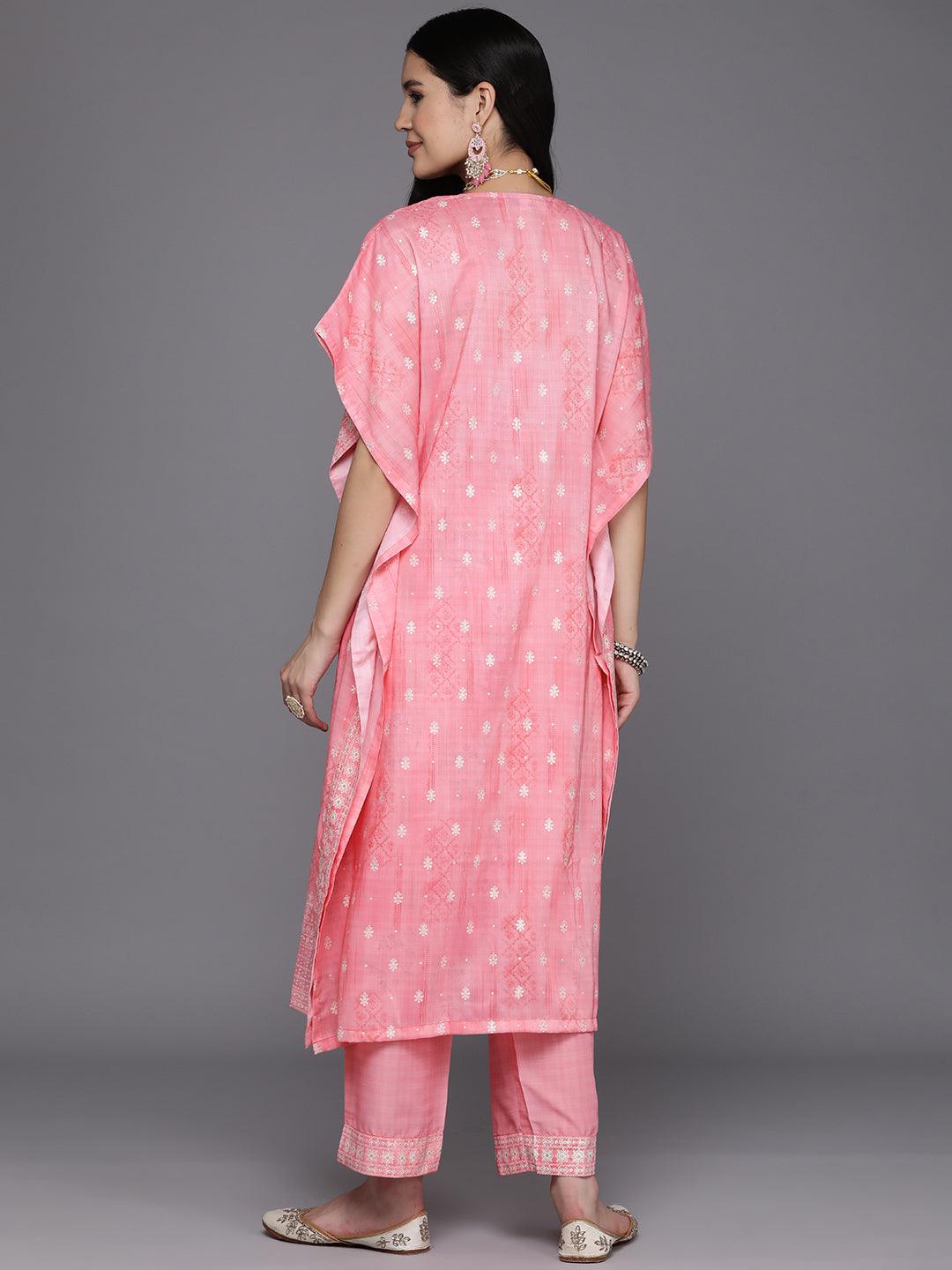 Pink Printed Silk Blend Kaftan Kurta Set With Trousers - Libas