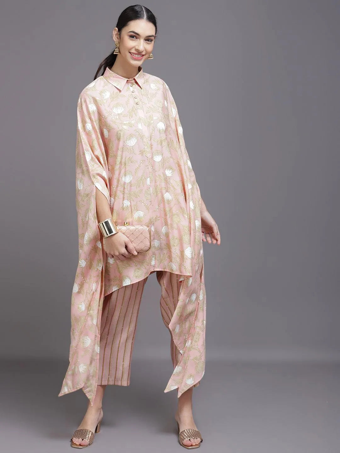 Pink Printed Silk Blend Kurta Set - Libas 