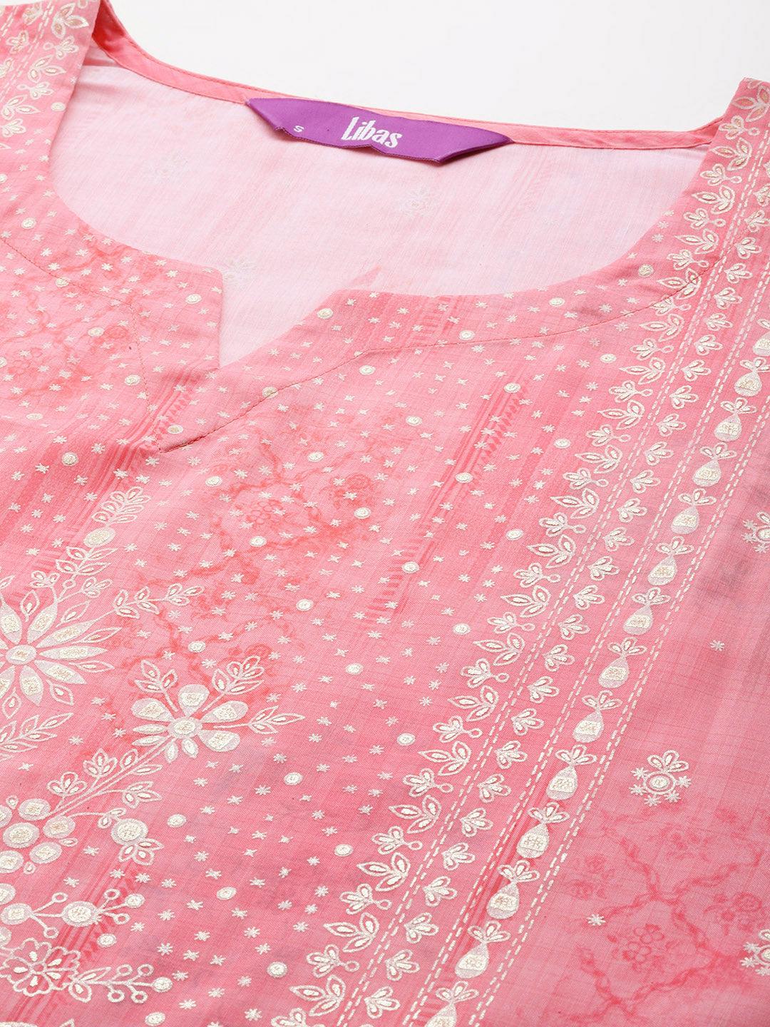 Pink Printed Silk Blend Kaftan Kurta Set With Trousers - Libas 