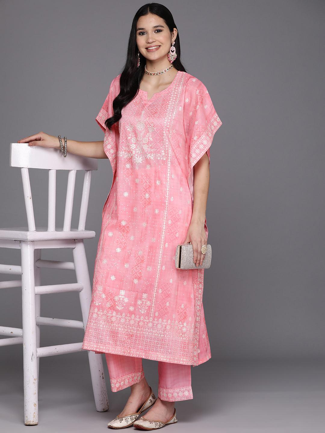 Pink Printed Silk Blend Kaftan Kurta Set With Trousers - Libas 