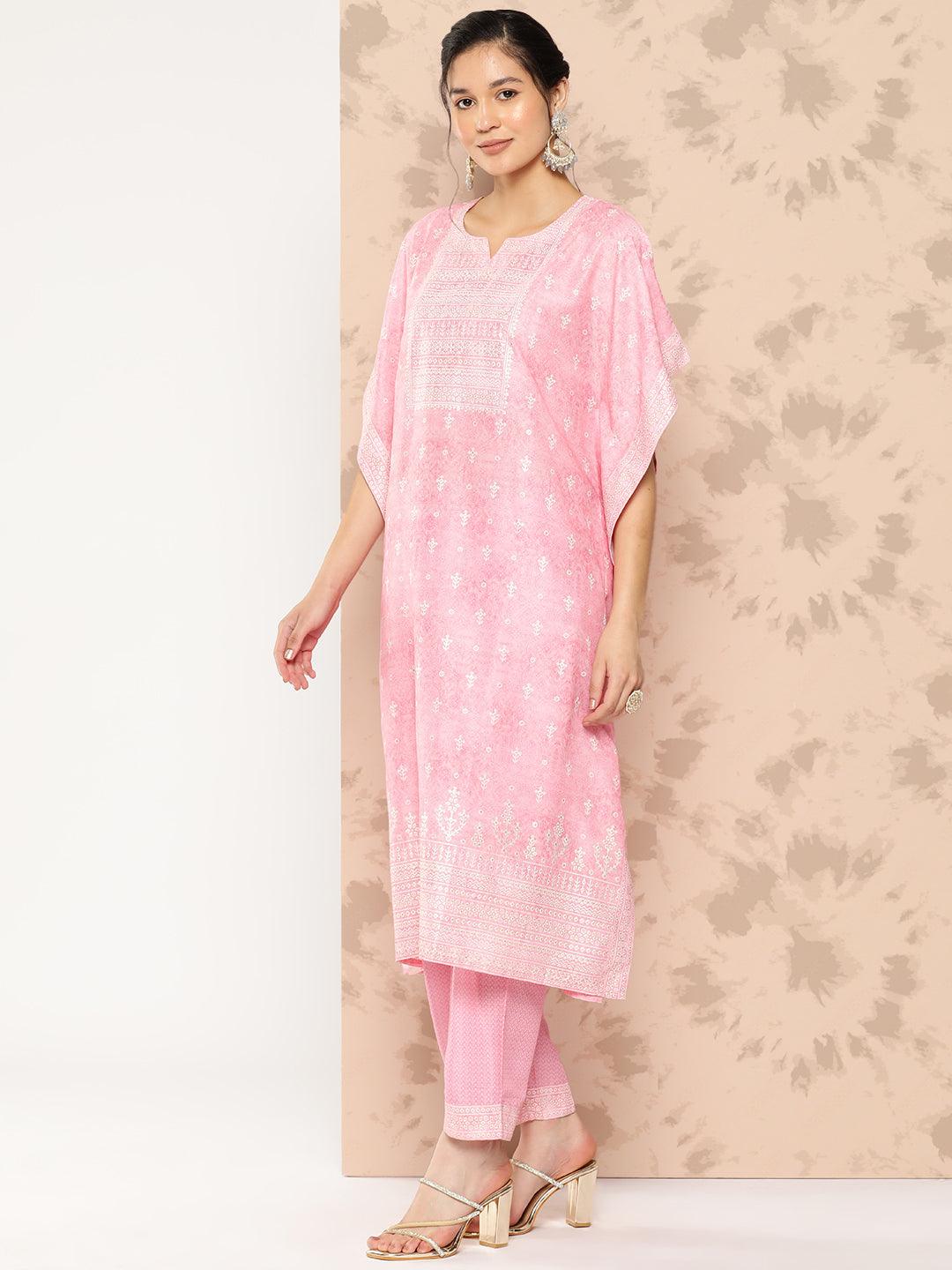 Pink Printed Silk Blend Kaftan Kurta With Trousers - Libas 