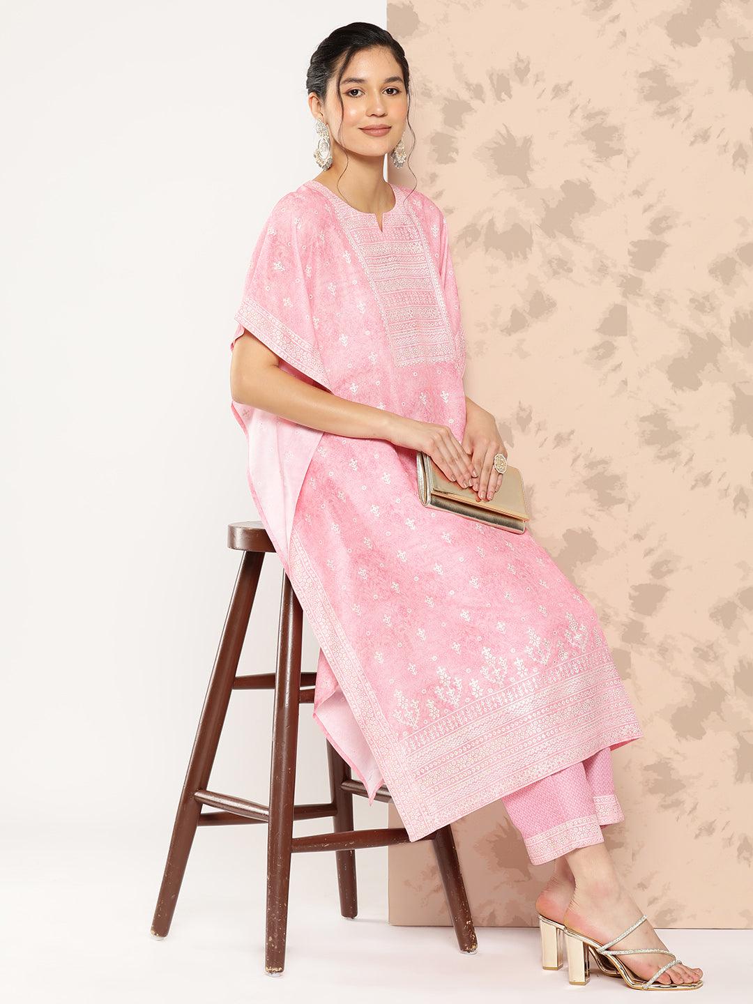 Pink Printed Silk Blend Kaftan Kurta With Trousers - Libas 