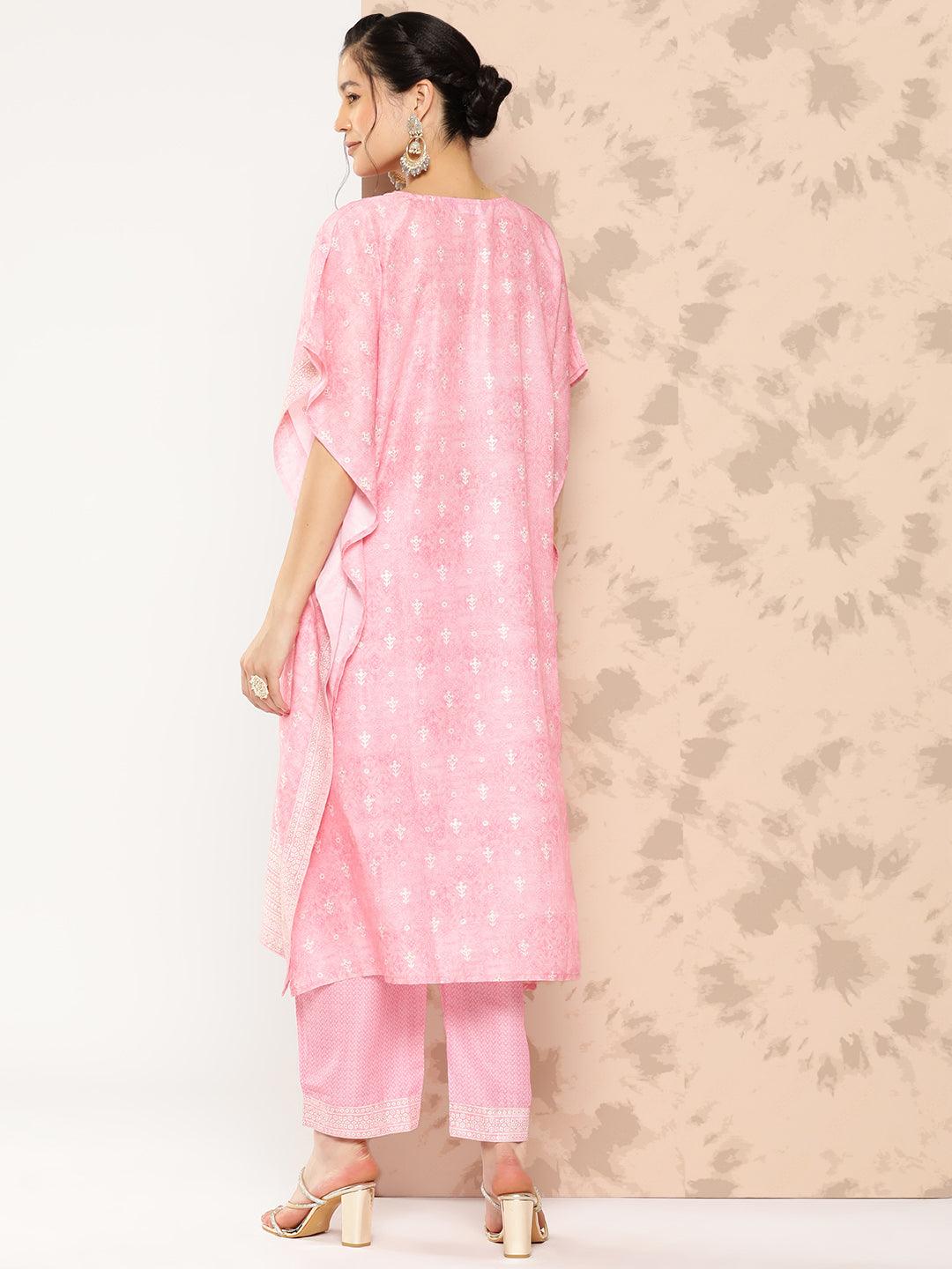 Pink Printed Silk Blend Kaftan Kurta With Trousers - Libas 