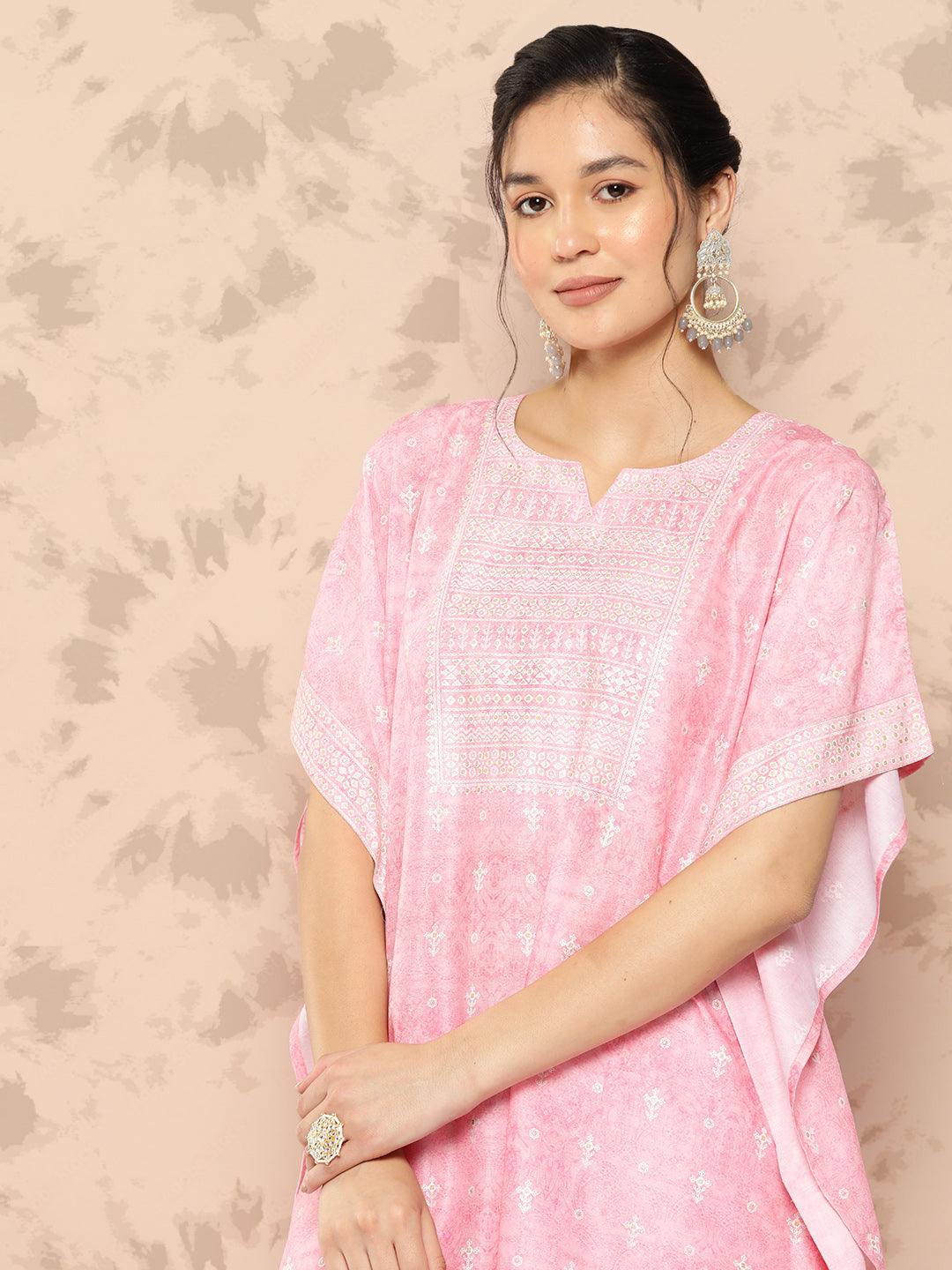 Pink Printed Silk Blend Kaftan Kurta With Trousers - Libas 