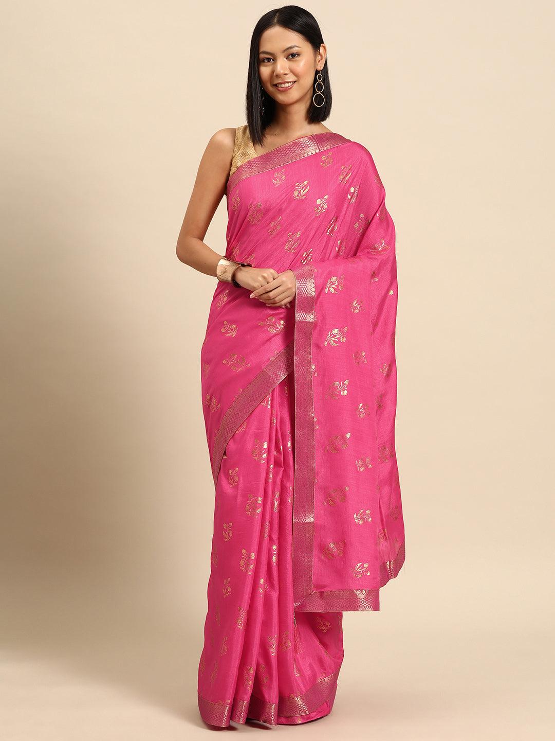 Pink Printed Silk Blend Saree - Libas 