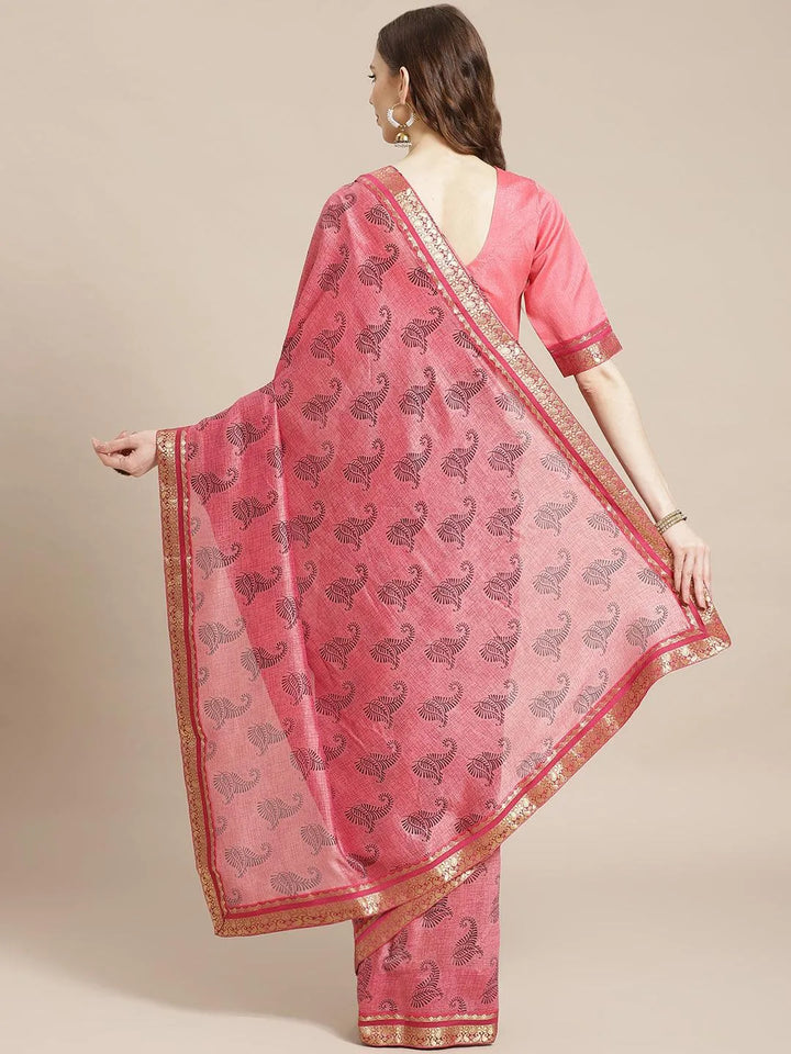 Pink Printed Silk Blend Saree - Libas