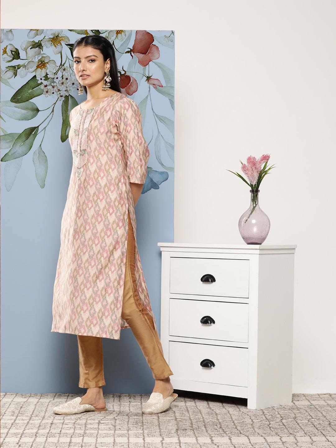 Pink Embroidered Silk Blend Straight Kurta - Libas 