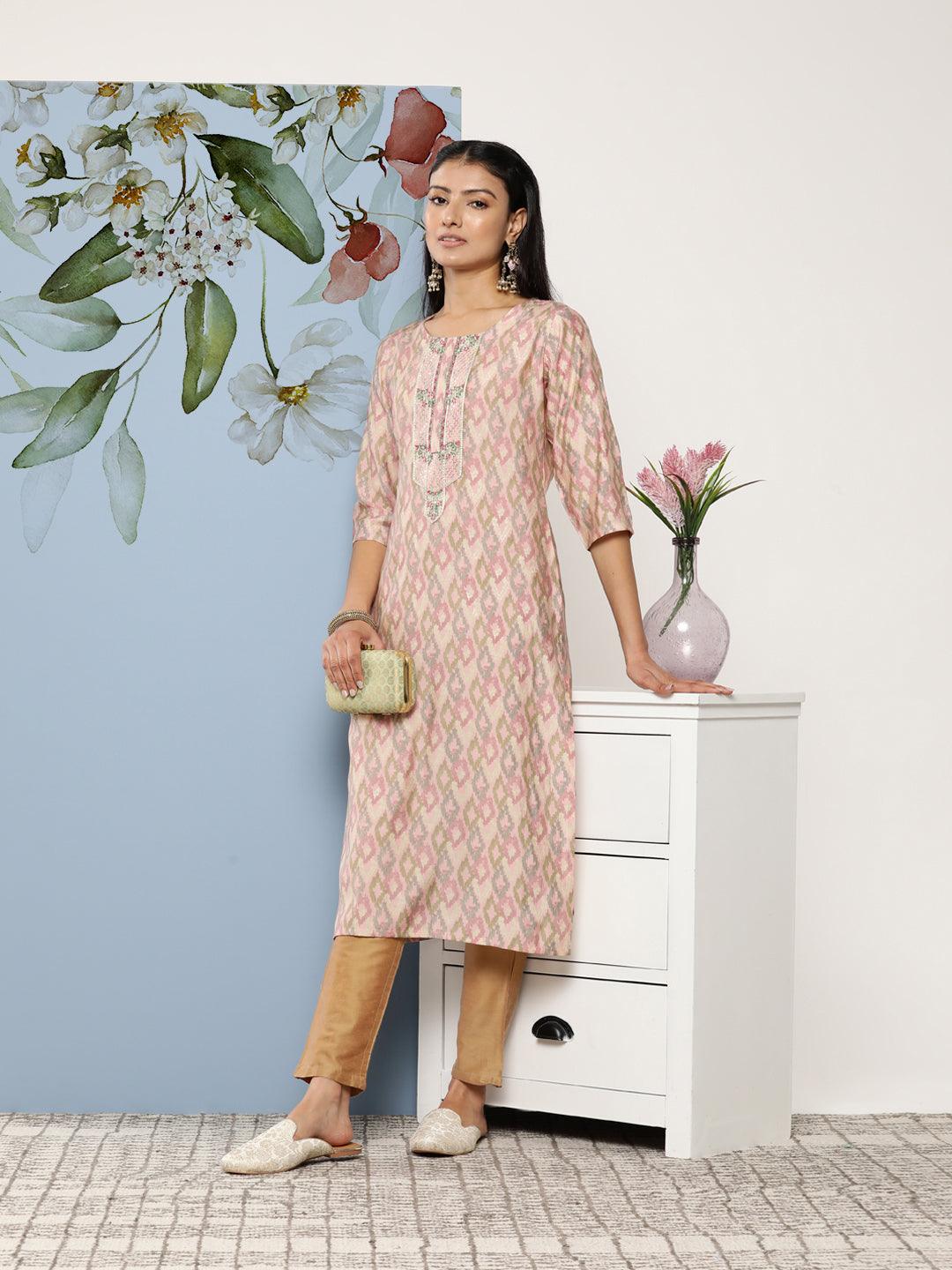 Pink Embroidered Silk Blend Straight Kurta - Libas 