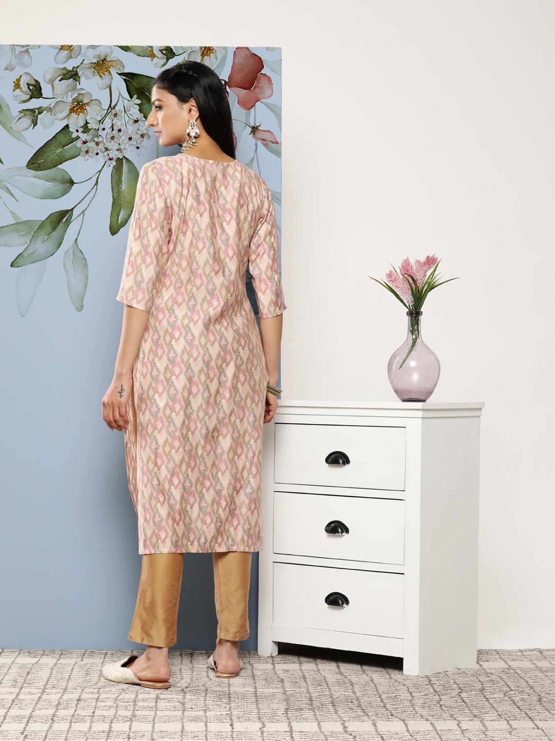 Pink Embroidered Silk Blend Straight Kurta - Libas 