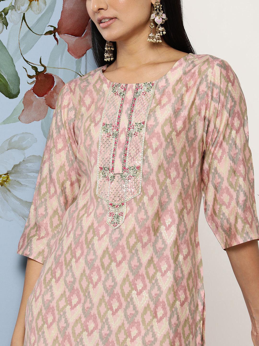 Pink Embroidered Silk Blend Straight Kurta - Libas 