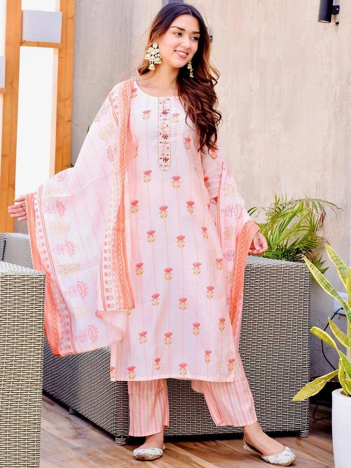 Pink Printed Silk Blend Straight Suit Set - Libas