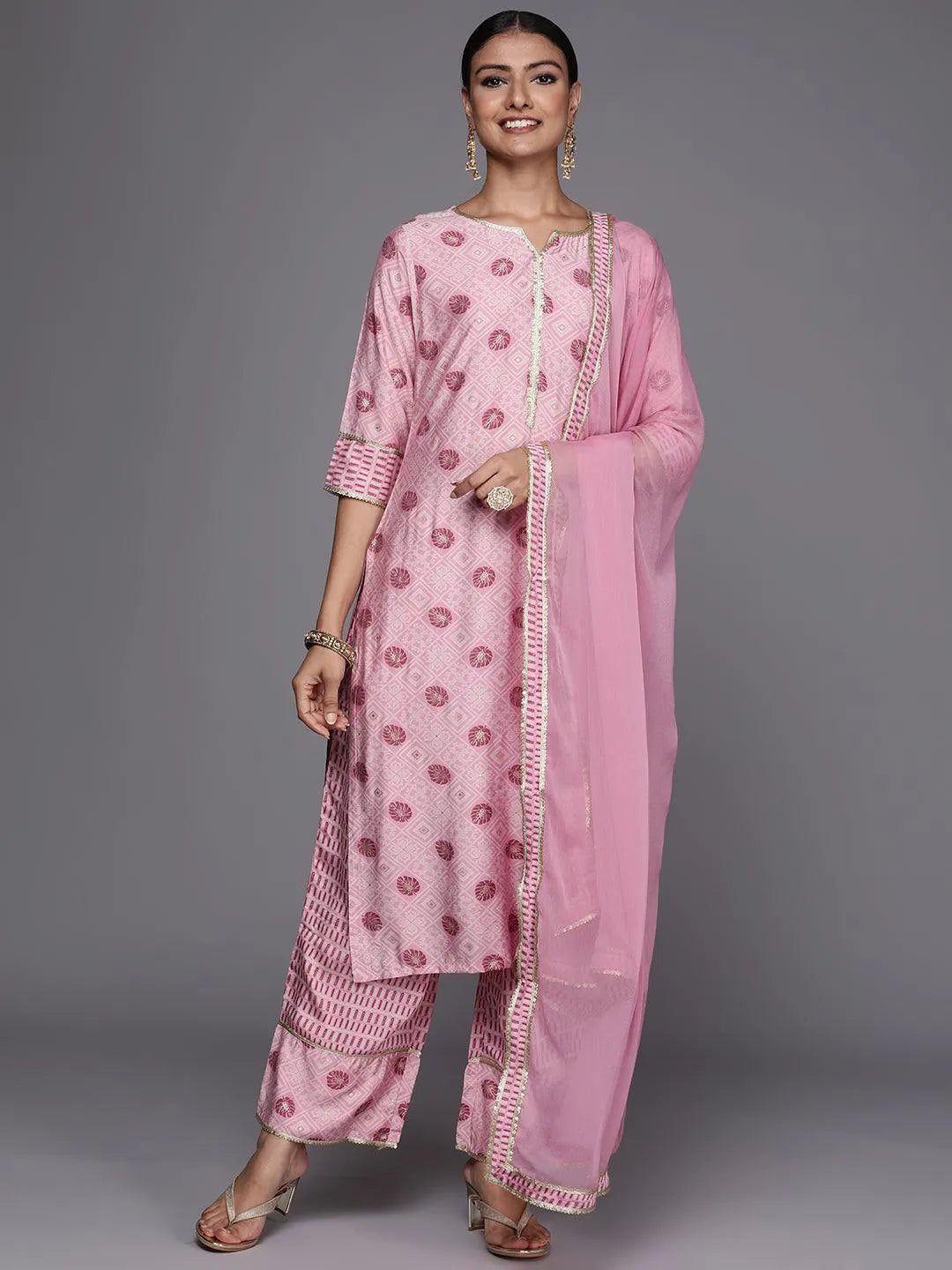 Pink Printed Silk Blend Straight Suit Set - Libas