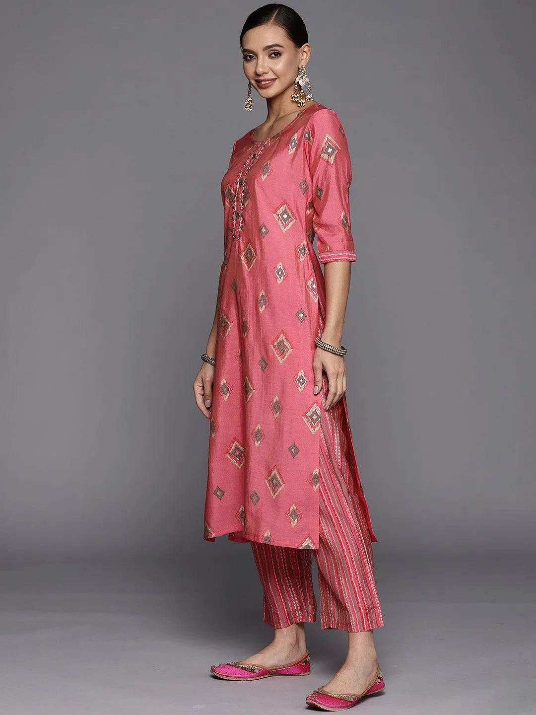 Pink Printed Silk Blend Straight Suit Set - Libas