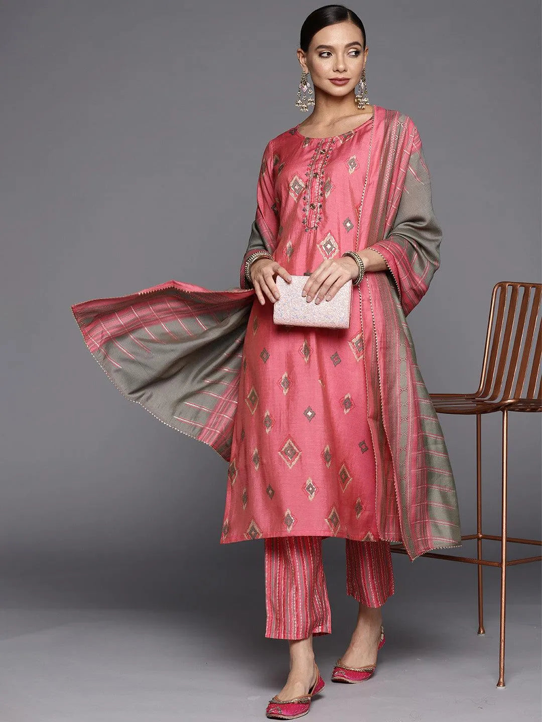 Pink Printed Silk Blend Straight Suit Set - Libas