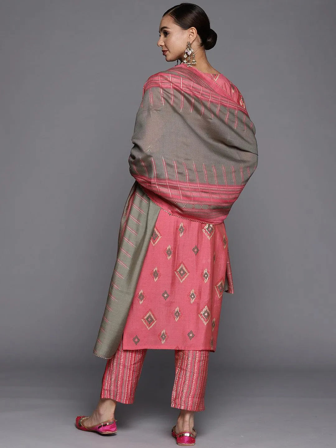 Pink Printed Silk Blend Straight Suit Set - Libas