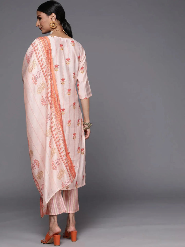 Pink Printed Silk Blend Straight Suit Set - Libas