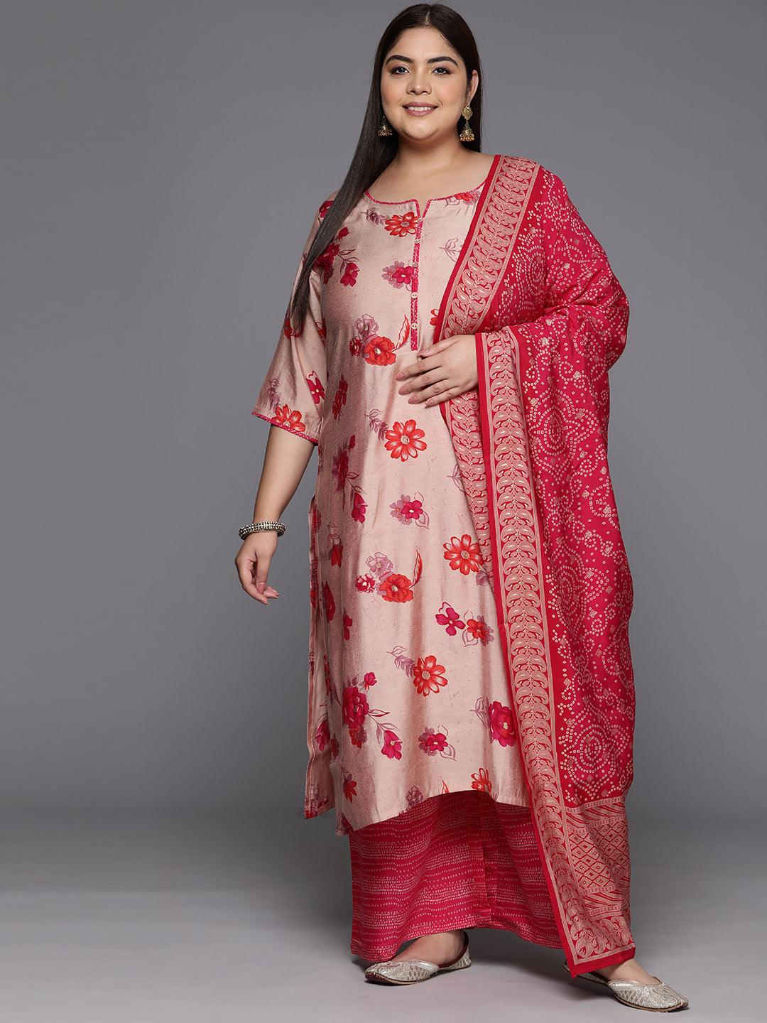 Pink Printed Silk Blend Straight Kurta With Palazzos & Dupatta - Libas