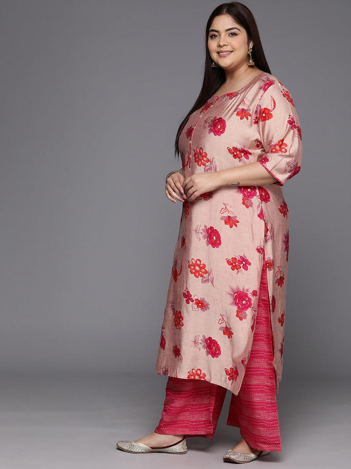 Pink Printed Silk Blend Straight Kurta With Palazzos & Dupatta - Libas